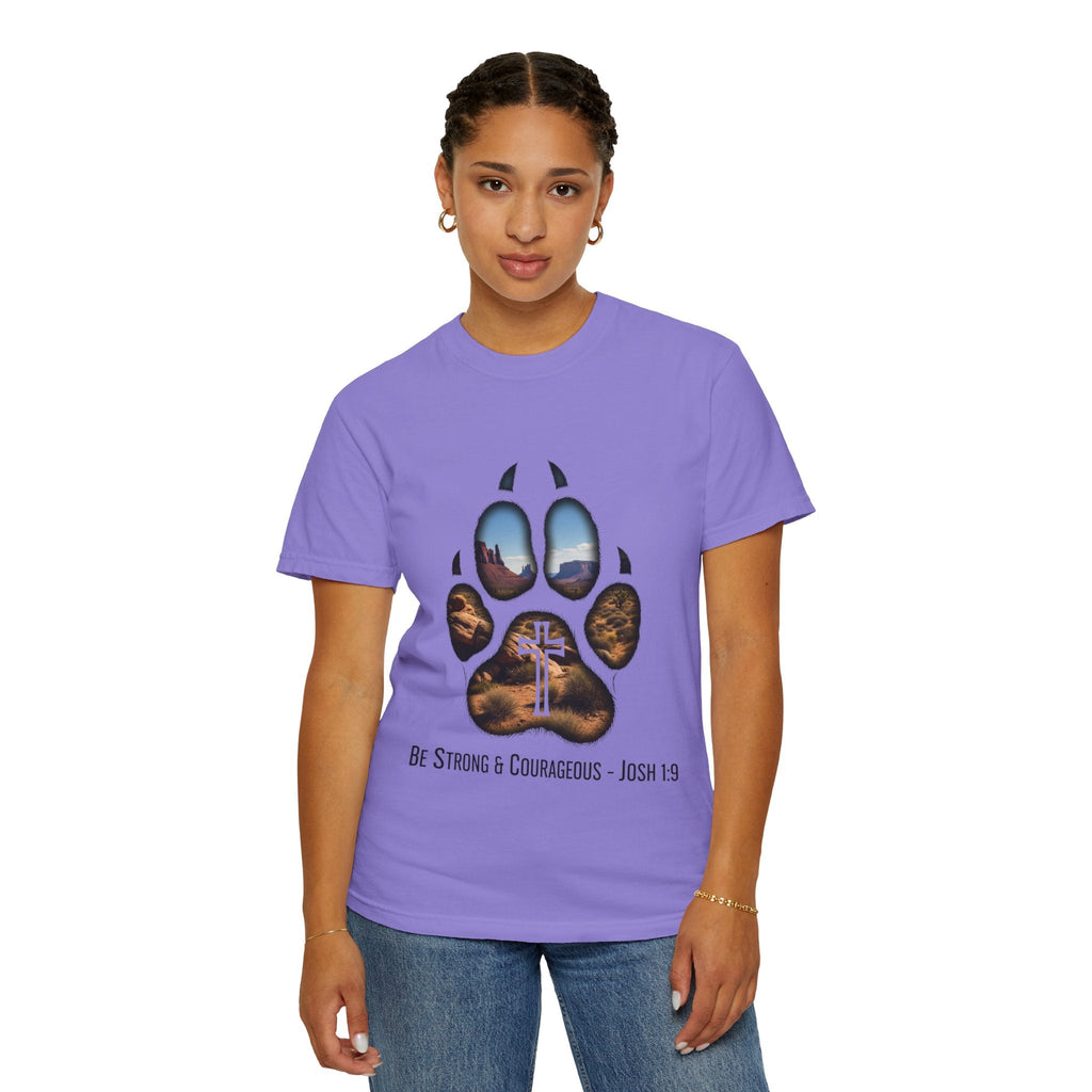 Strong and Courageous T-Shirt – Canine Pawprint Desert Joshua 1:9 Christian Tee Printify