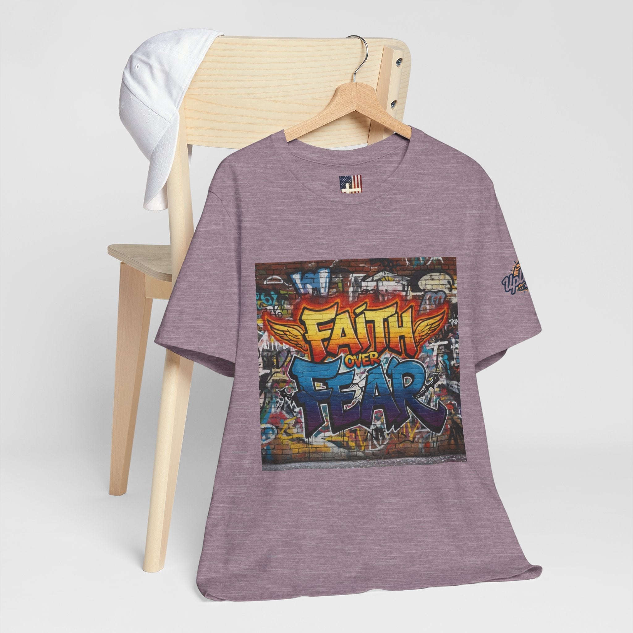 Faith Over Fear T-shirt – Graffiti Wall Christian T-shirt for Bold 2 Corinthians 5:7 Streetwear & Unshakable Faith Printify