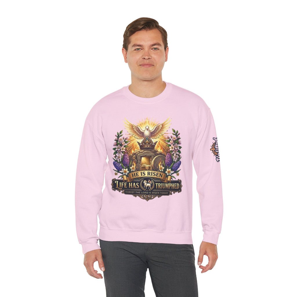 He Is Risen "Life Has Triumphed" Sweatshirt — Easter Resurrection Christian Sweatshirt Printify