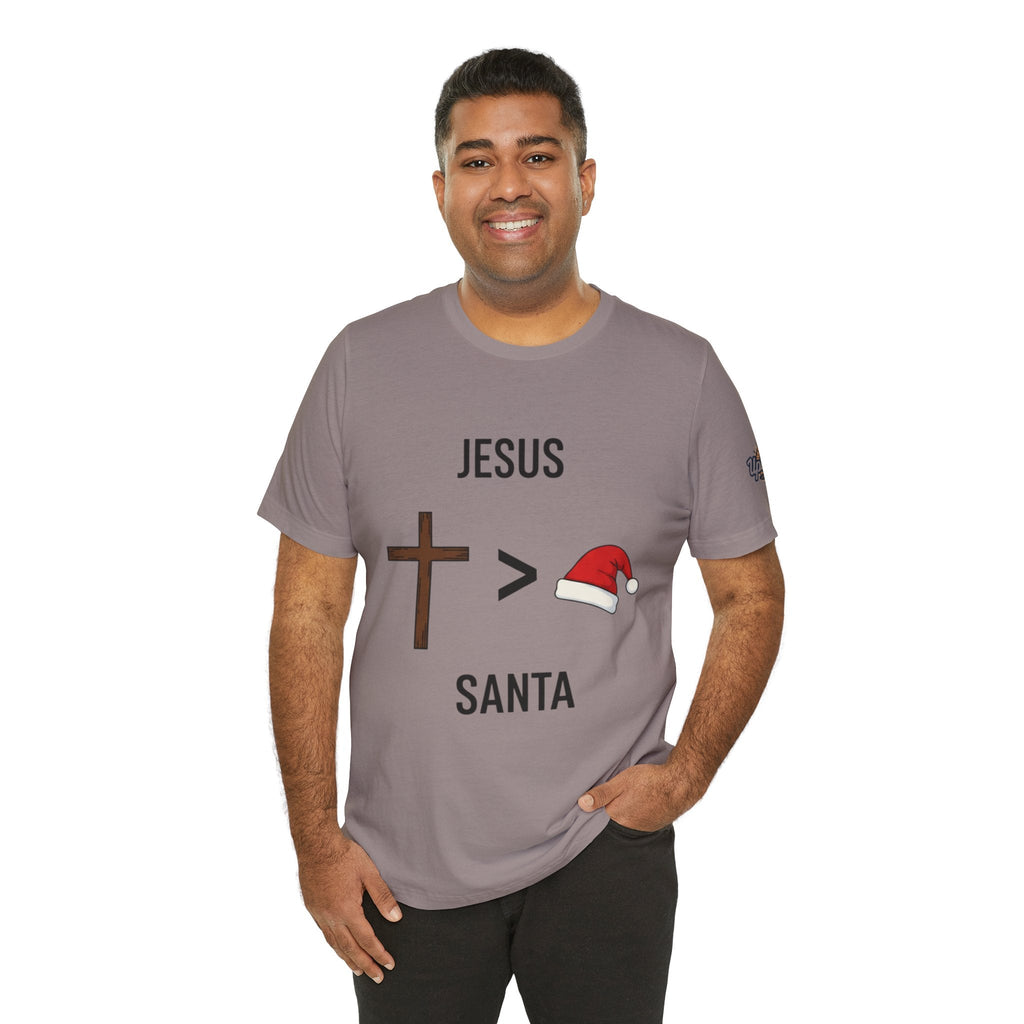 🎄 Jesus > Santa – Minimalist Christian Christmas T-Shirt | Bold Faith Over Holiday Tee | Cross vs Santa Hat Design | Uplifted Gear Printify
