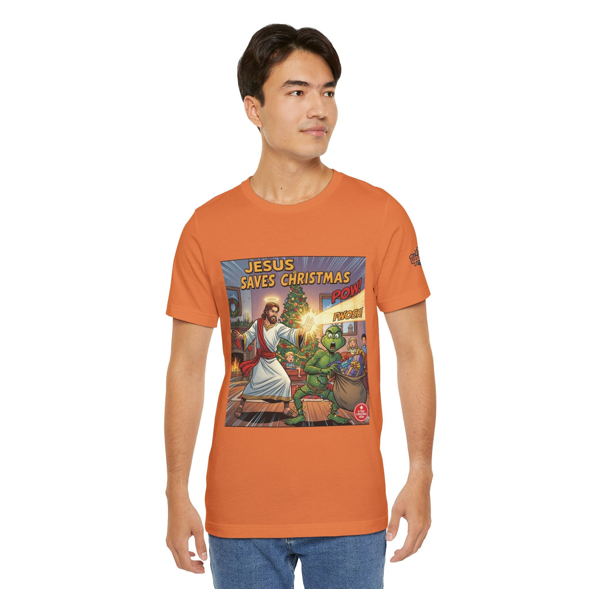 Jesus Saves Christmas T-shirt – Grinch vs Savior Light Battle Christian T-shirt for Hilarious Holiday Faith & True Joy Printify