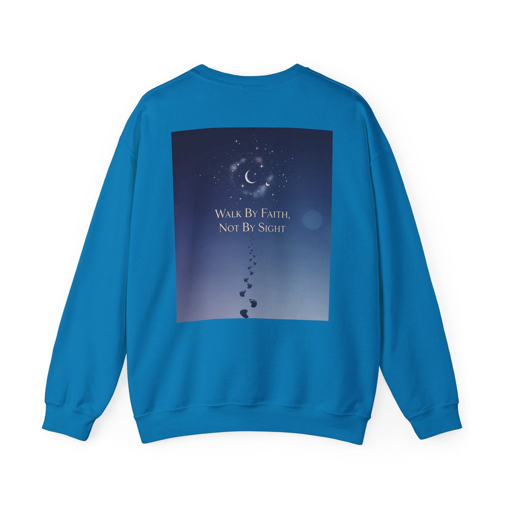 Walk by Faith, Not by Sight Sweatshirt – Moonlit Footprints Christian Sweatshirt for Cozy Nights Printify