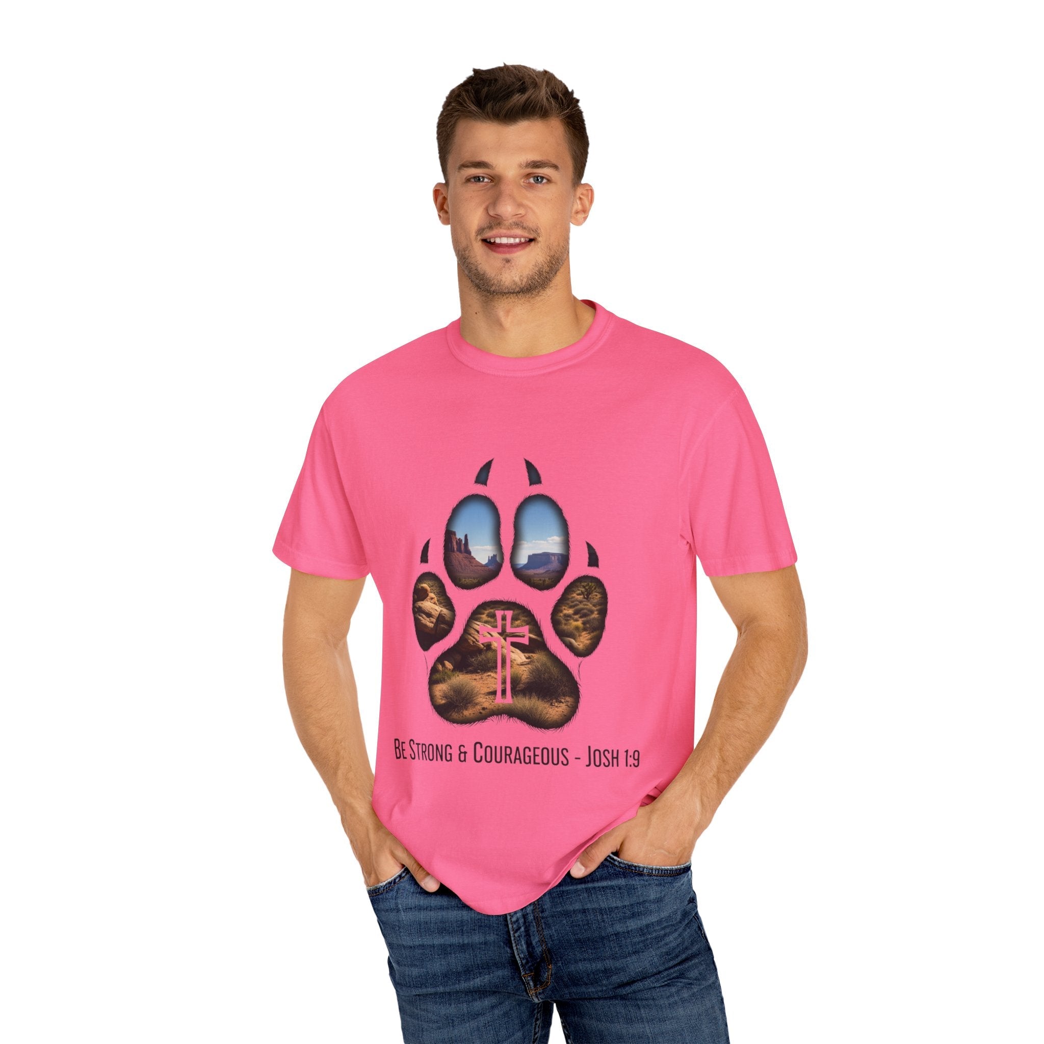 Strong and Courageous T-Shirt – Canine Pawprint Desert Joshua 1:9 Christian Tee Printify