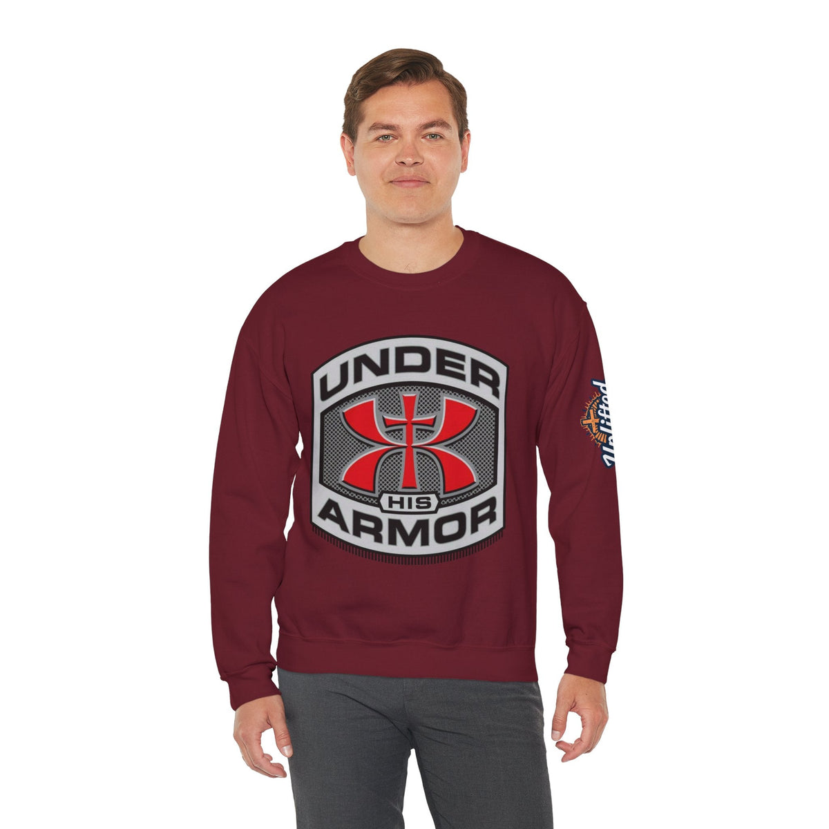 Under His Armor Crewneck Sweatshirt — Christian Faith Graphic Pullover Printify