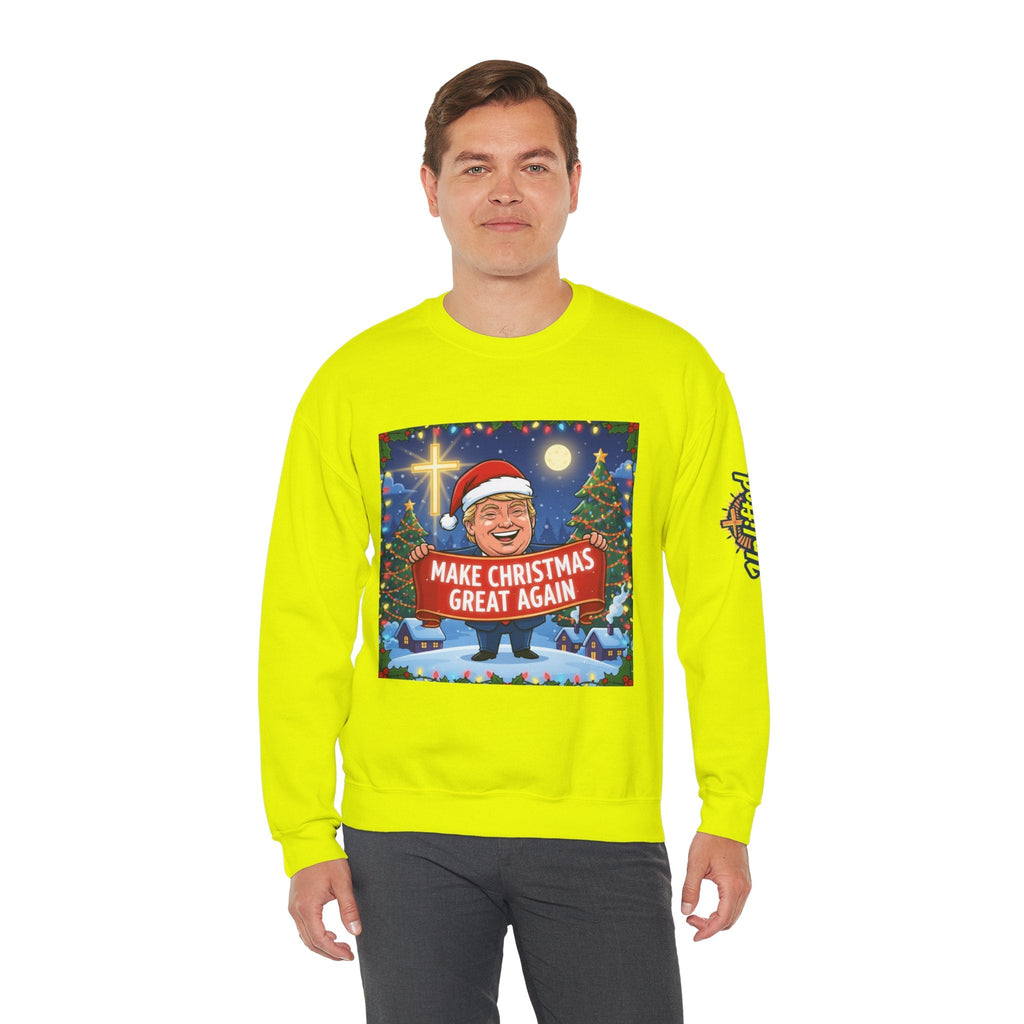🎄 Make Christmas Great Again – Patriotic Christian Christmas Sweatshirt | Bold Holiday Faith Tee | Red & White Banner Design | Uplifted Gear Printify