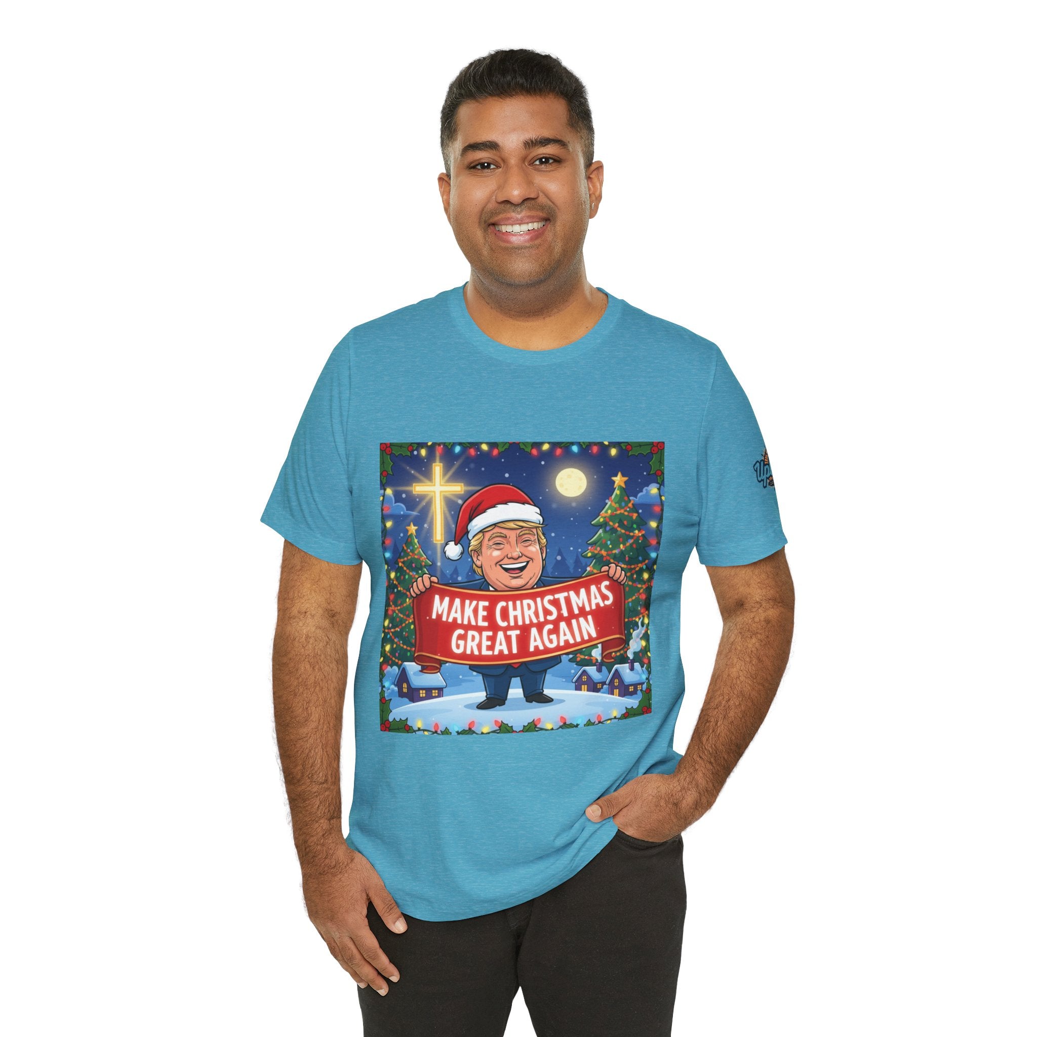 🎄 Make Christmas Great Again – Patriotic Christian Christmas T-Shirt | Bold Holiday Faith Tee | Red & White Banner Design | Uplifted Gear Printify
