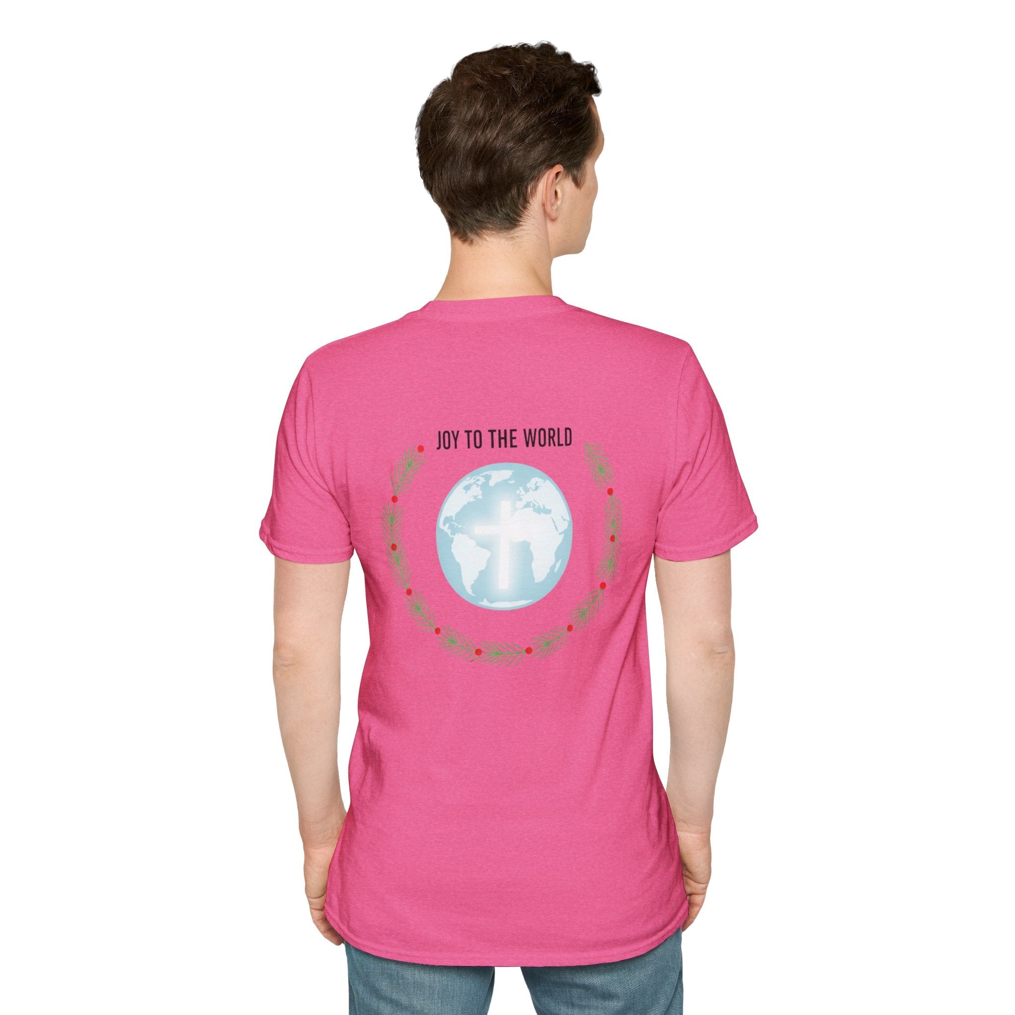 Joy to the World T-shirt – Wreath Earth Nativity Christian Christmas T-shirt for Isaiah 9:6 Holiday Faith & Festive Joy Printify