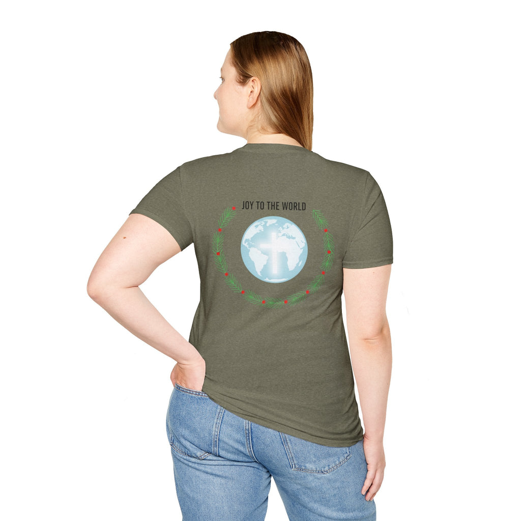Joy to the World T-shirt – Wreath Earth Nativity Christian Christmas T-shirt for Isaiah 9:6 Holiday Faith & Festive Joy Printify