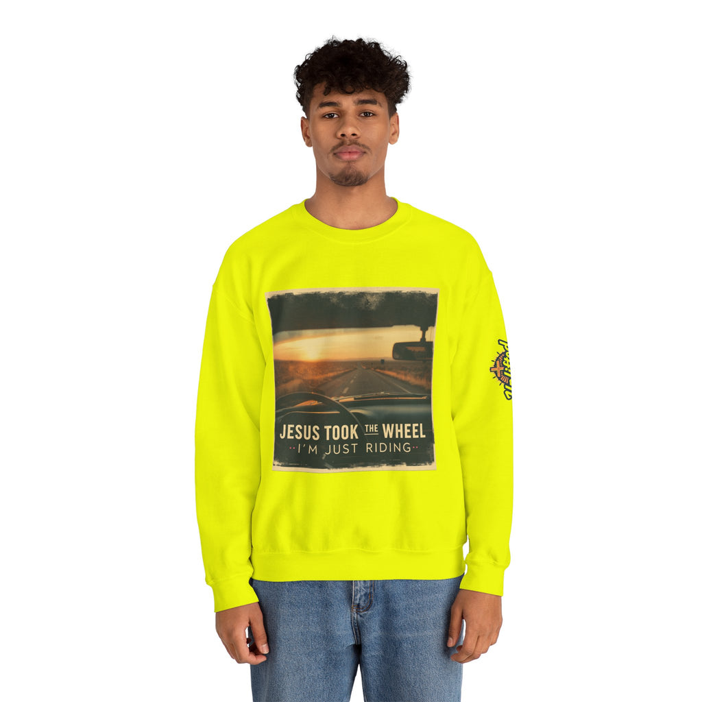 Jesus Took the Wheel I'm Just Riding Sweatshirt – Funny Christian Convertible Car Sweatshirt for Surrendered Faith & Humor