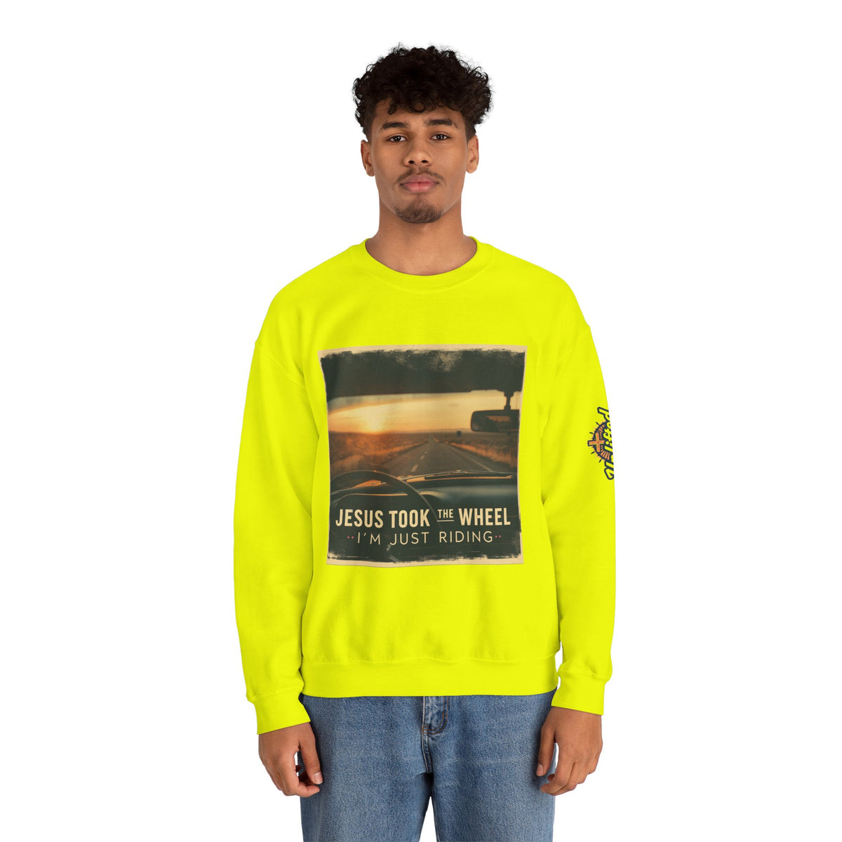 Jesus Took the Wheel I'm Just Riding Sweatshirt – Funny Christian Convertible Car Sweatshirt for Surrendered Faith & Humor
