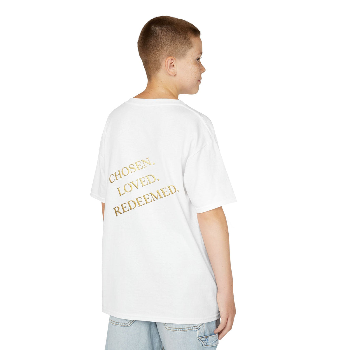 ✨ Chosen. Loved. Redeemed. – Elegant Christian Kids T-Shirt | Gold Foil Faith Tee | Subtle Cross & Heart Design | Inspirational Bible Verse Apparel by Uplifted Gear Printify