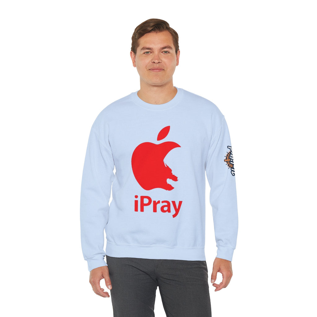 iPray Apple Logo Sweatshirt — Funny Christian Sweatshirt (Minimal Red Apple Graphic) Printify