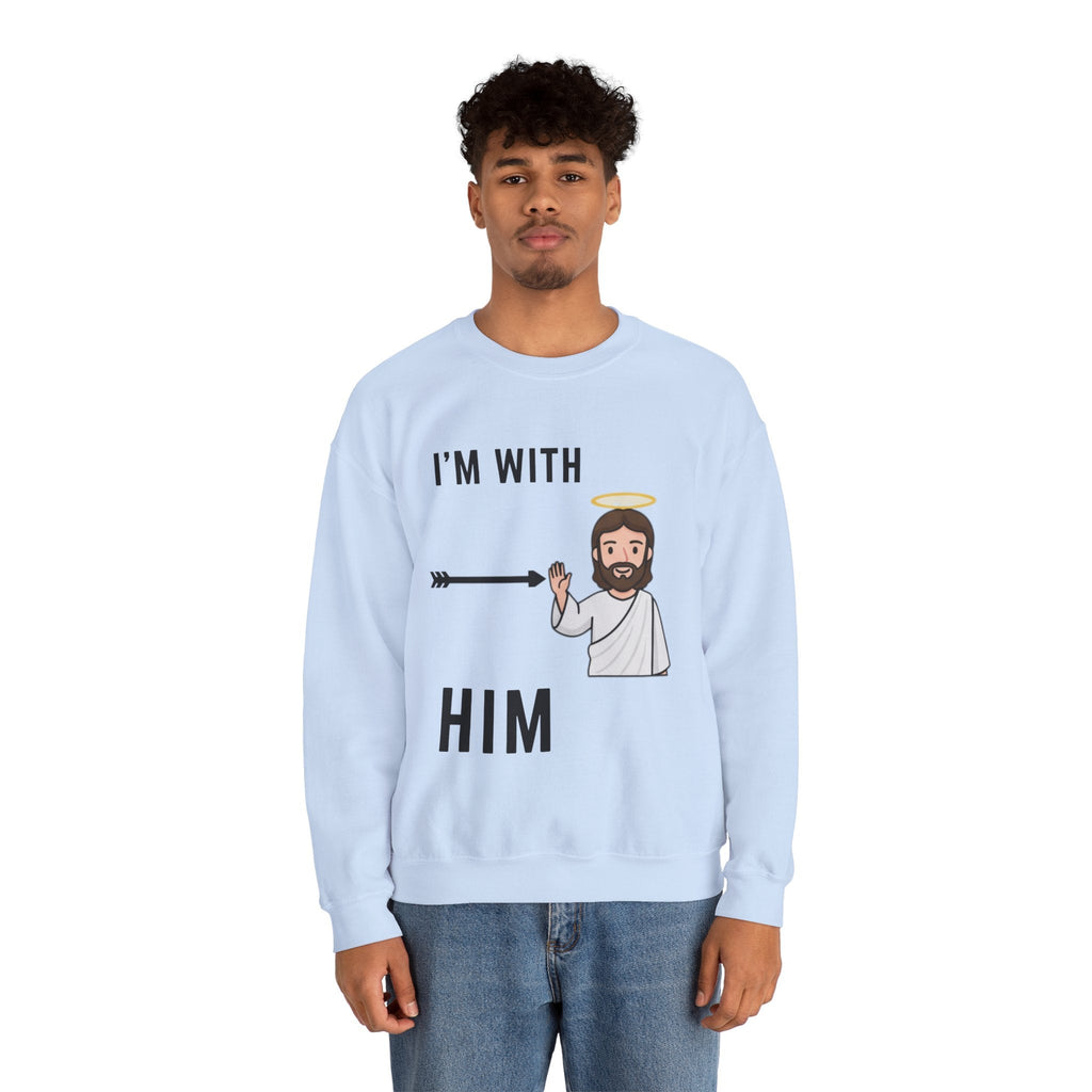 🔥 I’m With Him → Christian Sweatshirt | Arrow Pointing to Jesus | Minimalist Faith Tee | Subtle Cross Design | Bible-Inspired Apparel by Uplifted Gear Printify