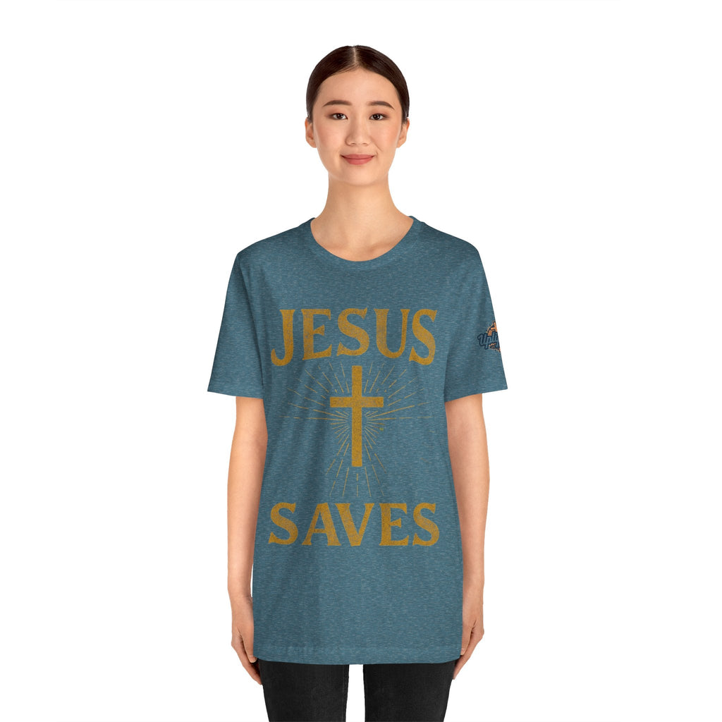 Jesus Saves T-shirt – Radiant Cross & Rays of Light Christian T-shirt for Eternal Hope & Faith Printify