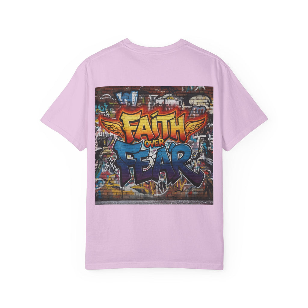 Faith Over Fear T-shirt – Graffiti Wall Christian T-shirt for Bold 2 Corinthians 5:7 Streetwear & Unshakable Faith Printify