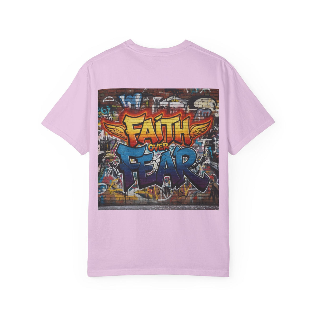 Faith Over Fear T-shirt – Graffiti Wall Christian T-shirt for Bold 2 Corinthians 5:7 Streetwear & Unshakable Faith Printify