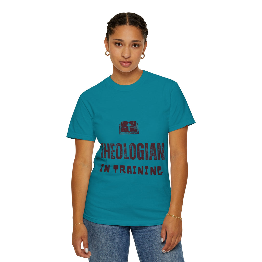 Theologian in Training T-Shirt – Open Bible & Cross Christian Tee for Faithful Learners Printify