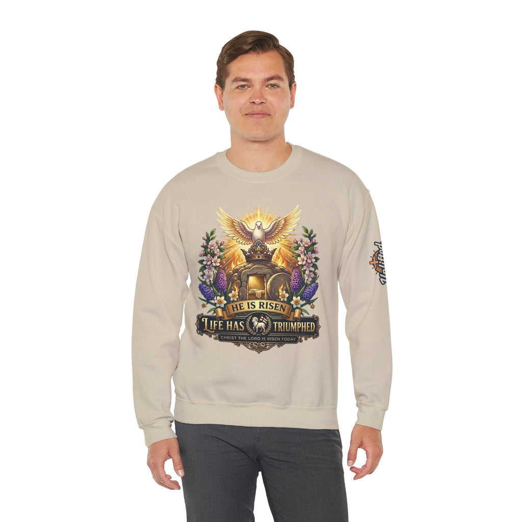 He Is Risen "Life Has Triumphed" Sweatshirt — Easter Resurrection Christian Sweatshirt Printify
