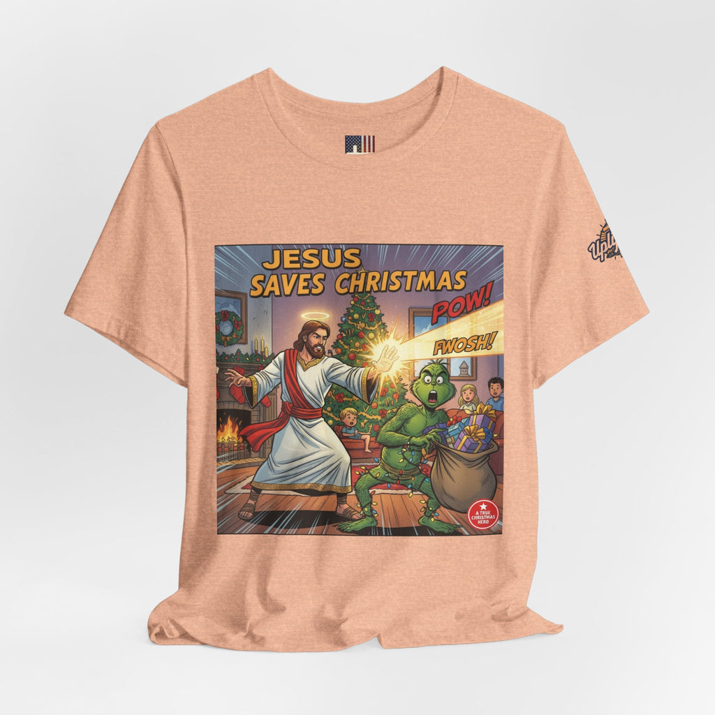 Jesus Saves Christmas T-shirt – Grinch vs Savior Light Battle Christian T-shirt for Hilarious Holiday Faith & True Joy Printify