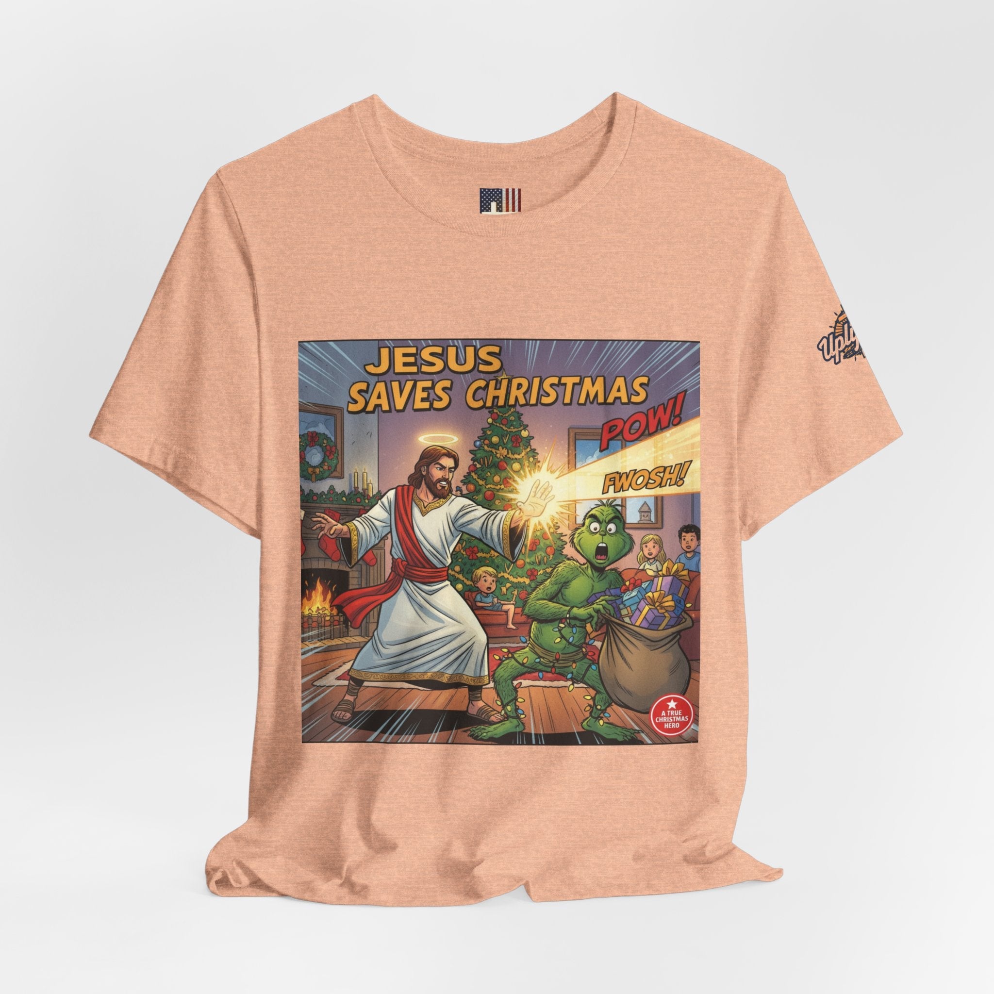 Jesus Saves Christmas T-shirt – Grinch vs Savior Light Battle Christian T-shirt for Hilarious Holiday Faith & True Joy Printify