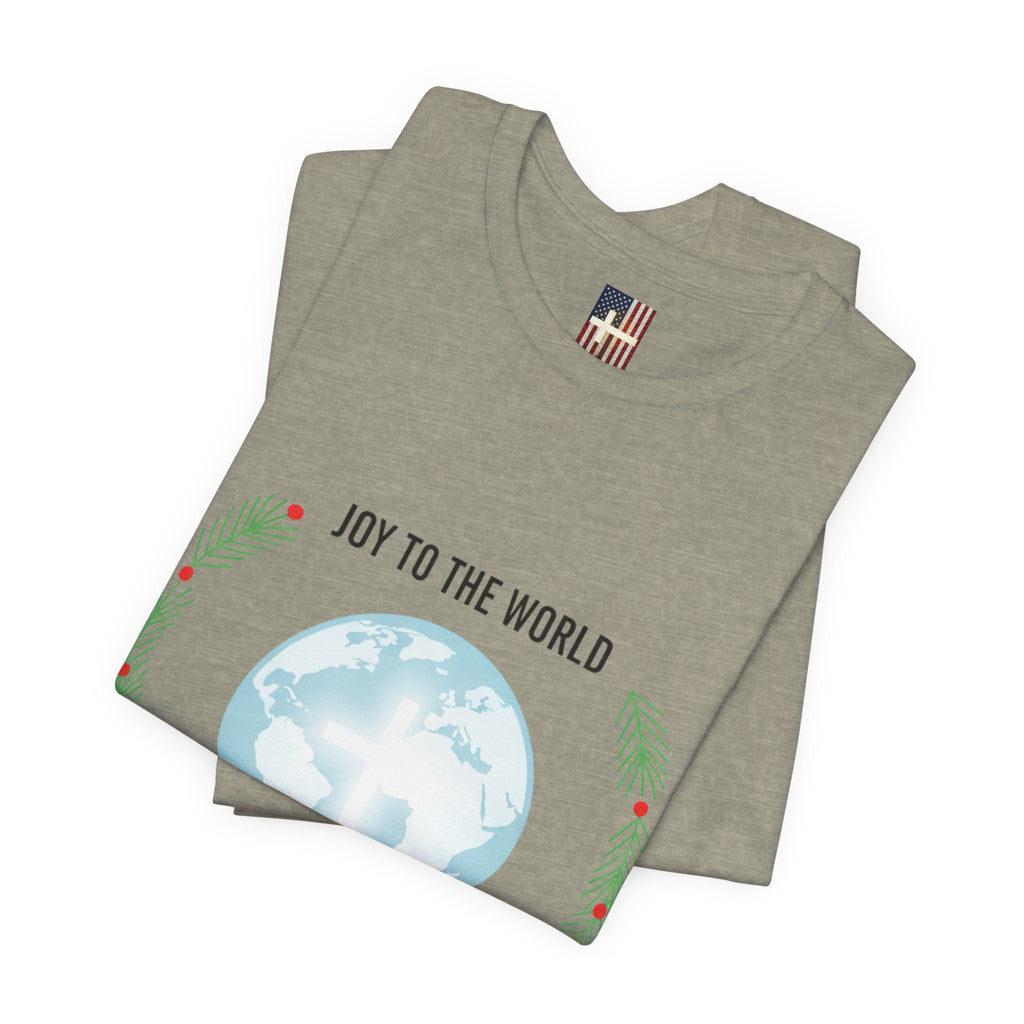 Joy to the World T-shirt – Wreath Earth Nativity Christian Christmas T-shirt for Isaiah 9:6 Holiday Faith & Festive Joy Printify