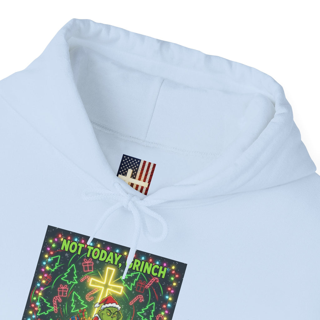 🎄 Not Today, Grinch – Jesus Saves | Funny Christian Christmas Hoodie | Festive Green & Red Cartoon Style | Bold Faith Holiday Tee by Uplifted Gear Printify