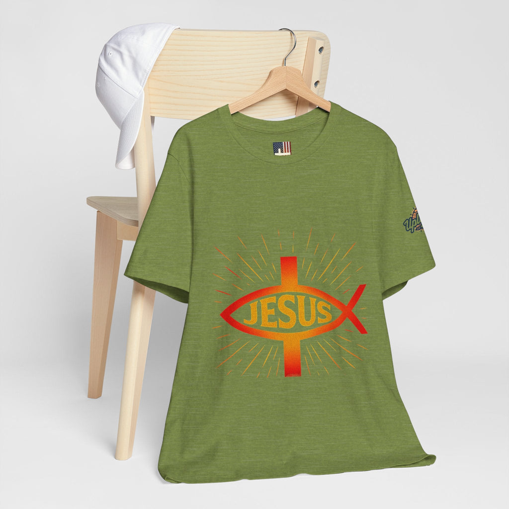 Jesus Ichthys T-shirt – Christian Fish Symbol with Cross & Jesus Inscription T-shirt for Eternal Faith & Streetwear Printify