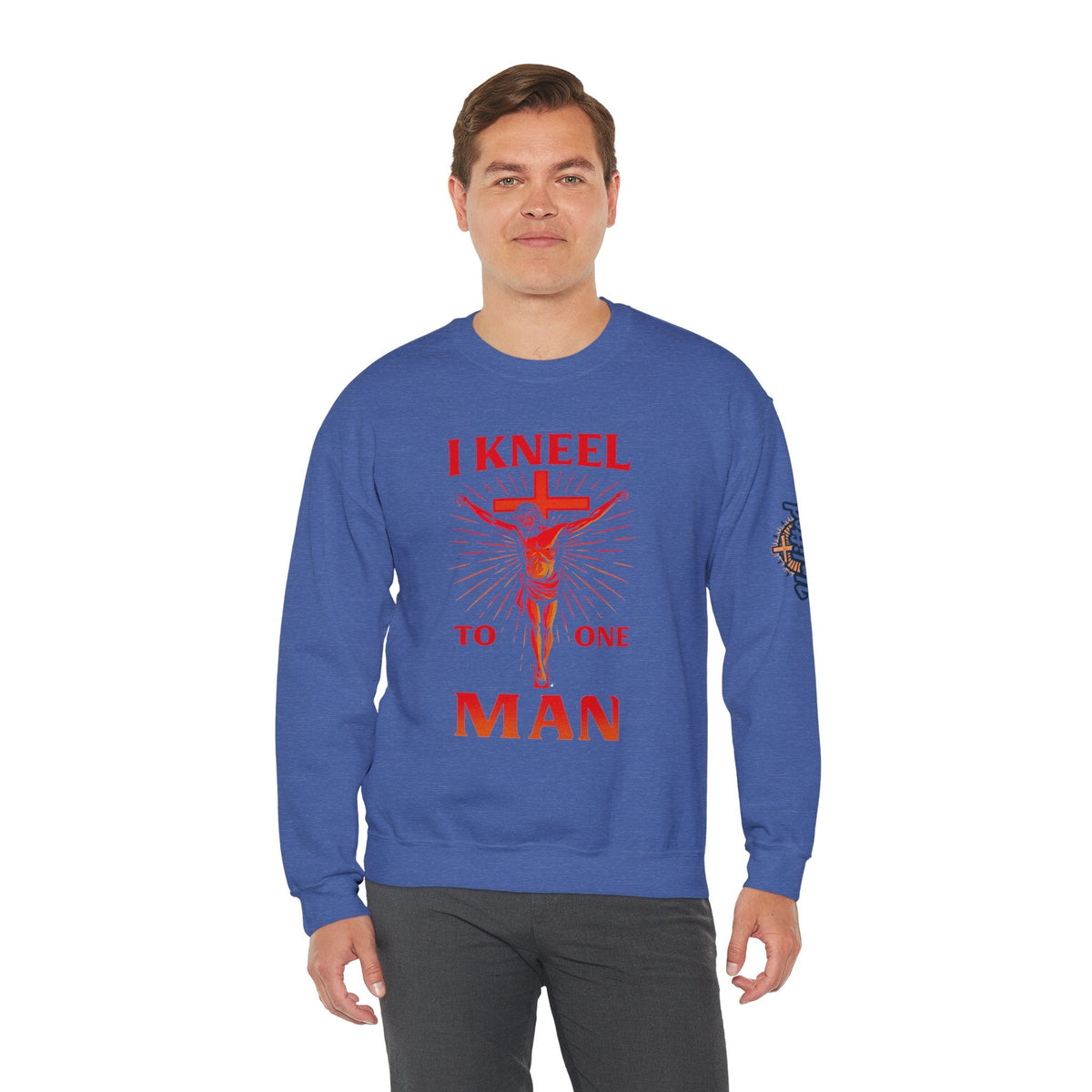 I Kneel to One Man Sweatshirt – Crucifixion Christian Sweatshirt for Unashamed Devotion & Bold Faith Printify