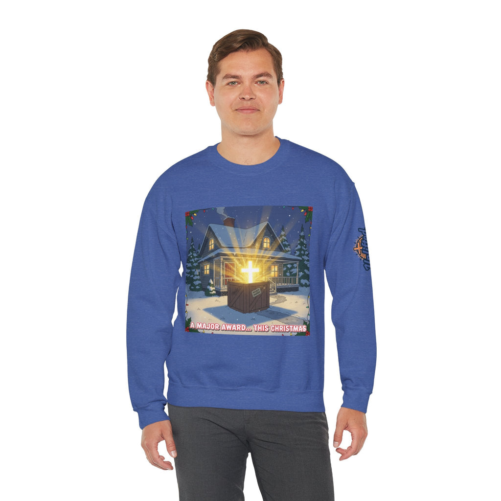 A Major Award This Christmas Sweatshirt – Fragile Leg Lamp Parody Cross Unboxing Christian Sweatshirt for Hilarious Faith & Holiday Glow Printify