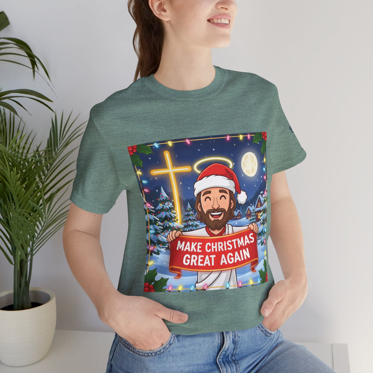 🎄 Make Christmas Great Again – Funny Christian T-Shirt | Jesus Holding Banner | Faith-Based Holiday Parody Tee | Uplifted Gear Printify