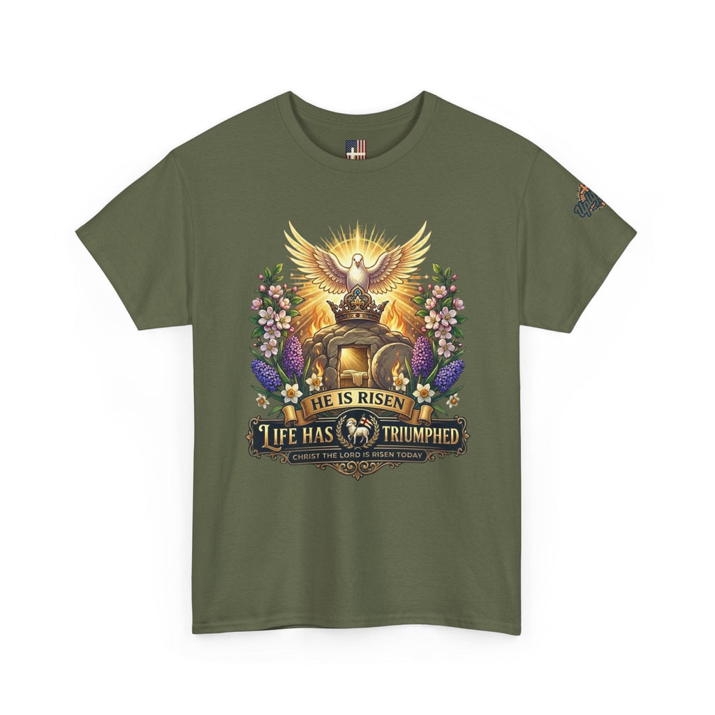 He Is Risen "Life Has Triumphed" T-Shirt — Easter Resurrection Christian Tee Printify