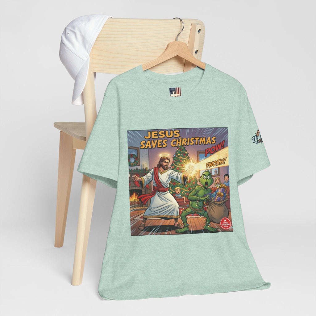 Jesus Saves Christmas T-shirt – Grinch vs Savior Light Battle Christian T-shirt for Hilarious Holiday Faith & True Joy Printify