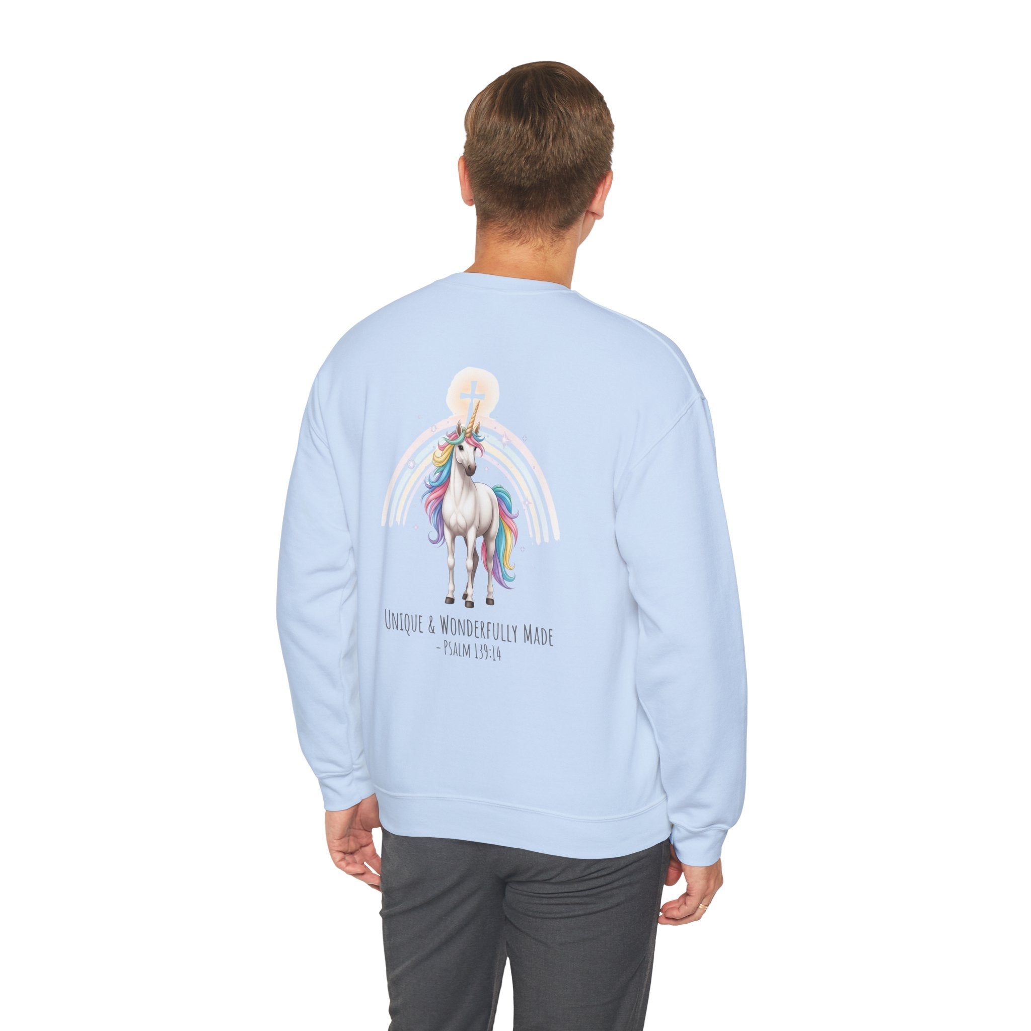 Unique Unicorn Sweatshirt – Rainbow Cross Psalm 139:14 Christian Sweatshirt for Wonderfully Made Printify