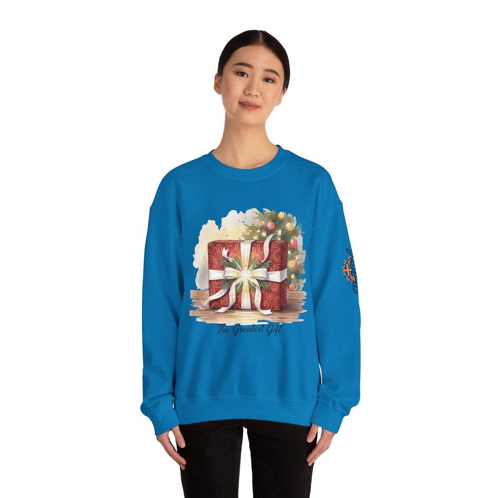 The Greatest Gift Sweatshirt – Cross Bow Present Christian Sweatshirt for Christmas Salvation & Eternal Faith Printify