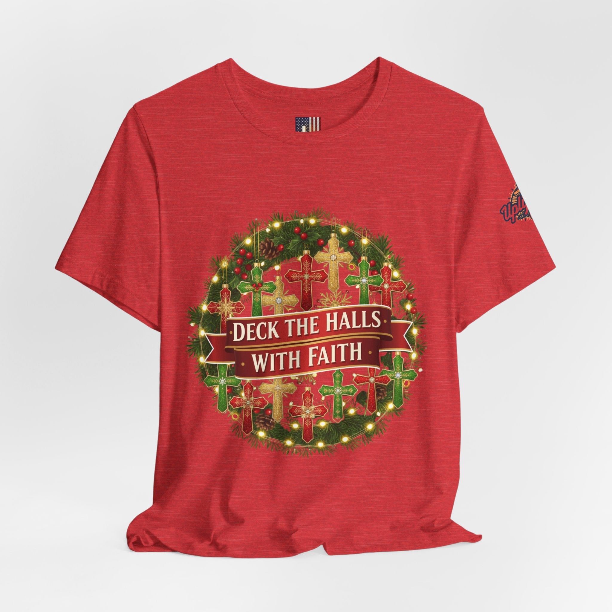 🎄 Deck the Halls with Faith – Christian Christmas T-Shirt | Cross Ornament Design & Festive Garland | Bold Holiday Faith Tee by Uplifted Gear Printify