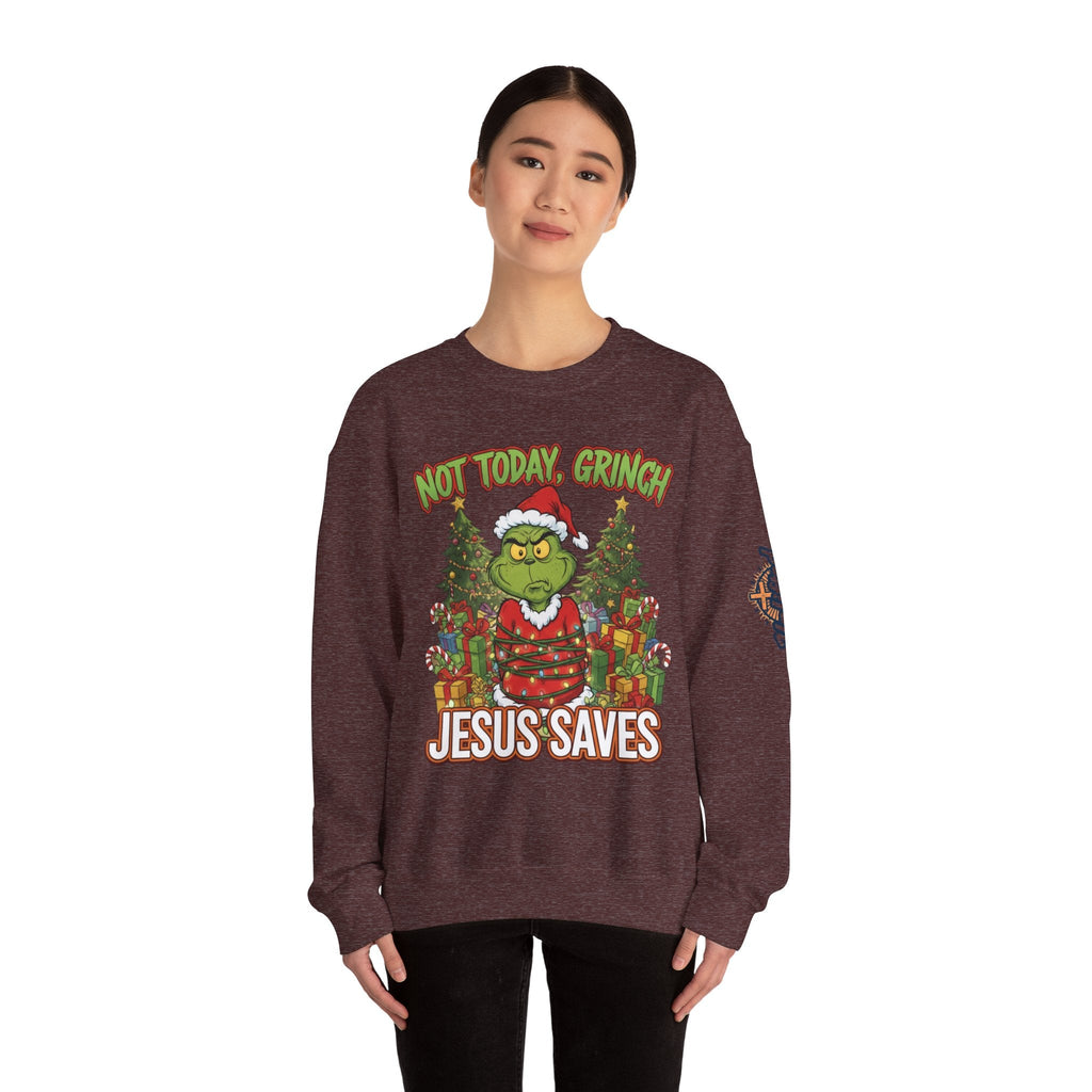 🎄 Not Today, Grinch – Jesus Saves | Funny Christian Christmas Sweatshirt | Sulking Grinch & Glowing Cross | Bold Neon Faith Tee by Uplifted Gear Printify