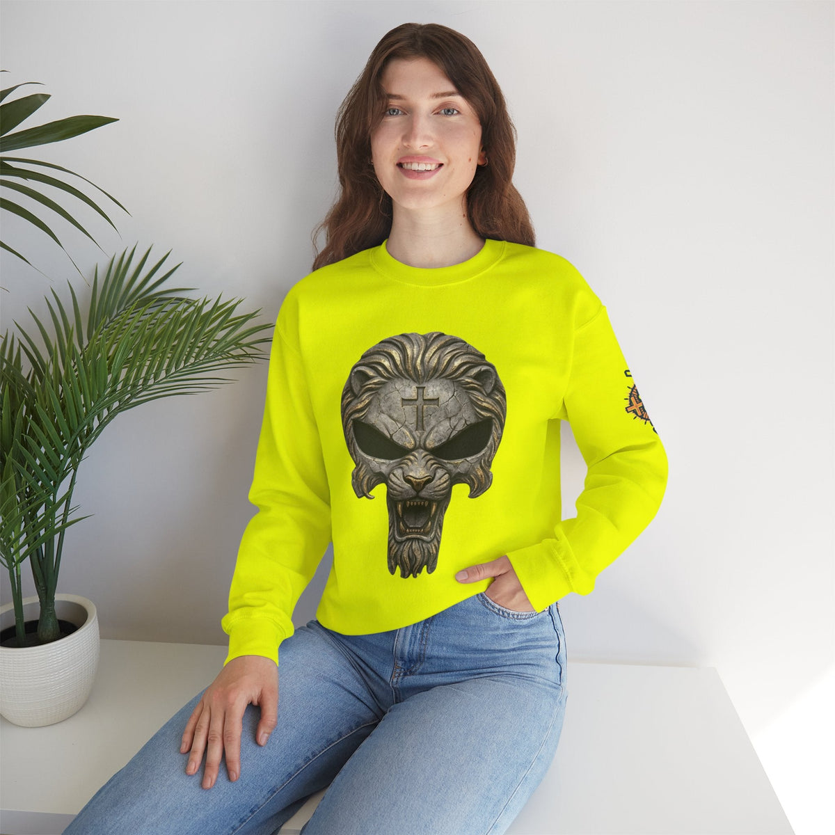 Lion of Judah Skull Christian Sweatshirt - Warrior Faith Cross Sweatshirt Printify