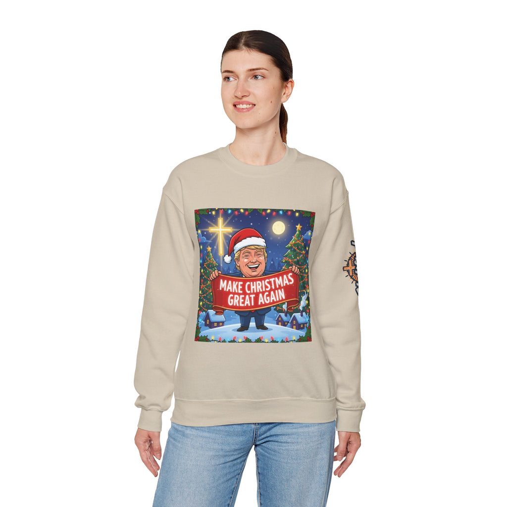 🎄 Make Christmas Great Again – Patriotic Christian Christmas Sweatshirt | Bold Holiday Faith Tee | Red & White Banner Design | Uplifted Gear Printify