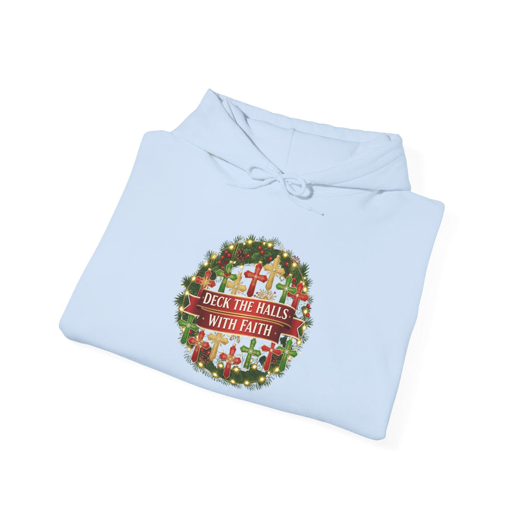 🎄 Deck the Halls with Faith – Christian Christmas Hoodie | Cross Ornament Design & Festive Garland | Bold Holiday Faith Tee by Uplifted Gear Printify