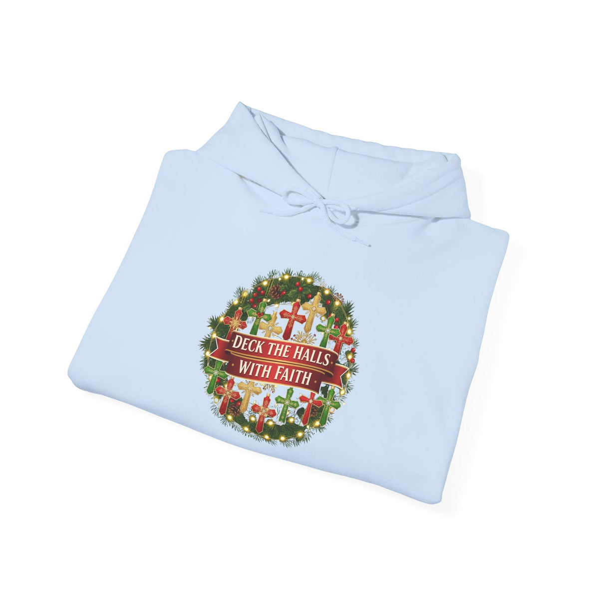 🎄 Deck the Halls with Faith – Christian Christmas Hoodie | Cross Ornament Design & Festive Garland | Bold Holiday Faith Tee by Uplifted Gear Printify