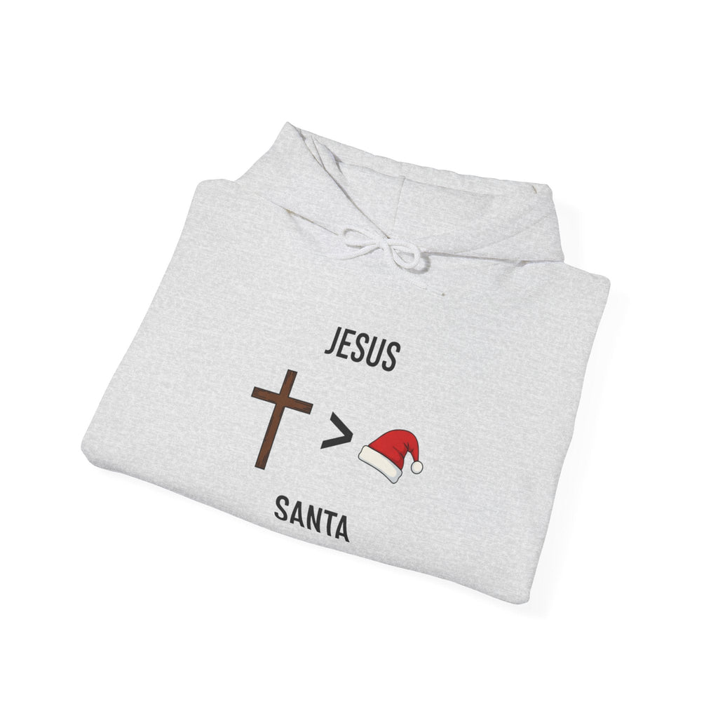 🎄 Jesus > Santa – Minimalist Christian Christmas Hoodie | Bold Faith Over Holiday Tee | Cross vs Santa Hat Design | Uplifted Gear Printify