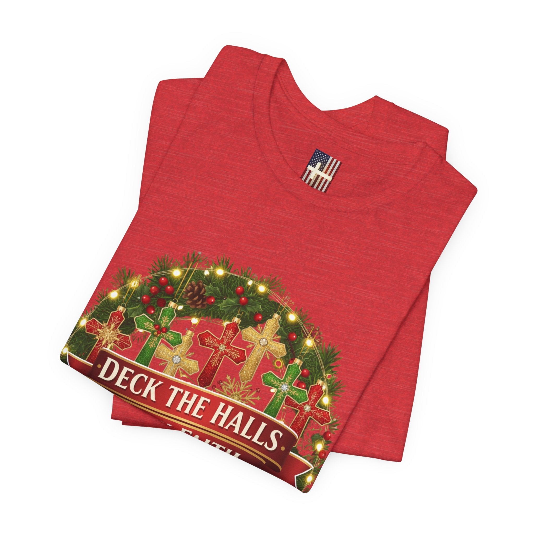 🎄 Deck the Halls with Faith – Christian Christmas T-Shirt | Cross Ornament Design & Festive Garland | Bold Holiday Faith Tee by Uplifted Gear Printify