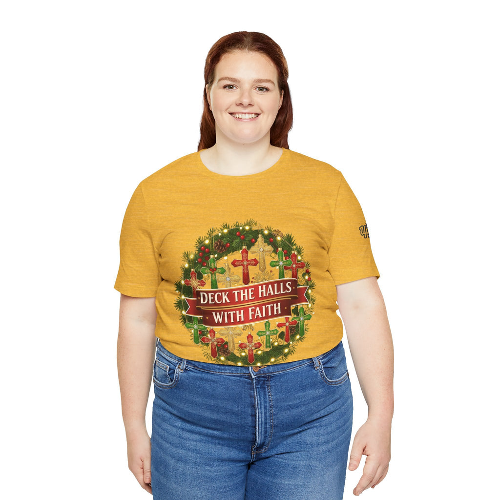 🎄 Deck the Halls with Faith – Christian Christmas T-Shirt | Cross Ornament Design & Festive Garland | Bold Holiday Faith Tee by Uplifted Gear Printify
