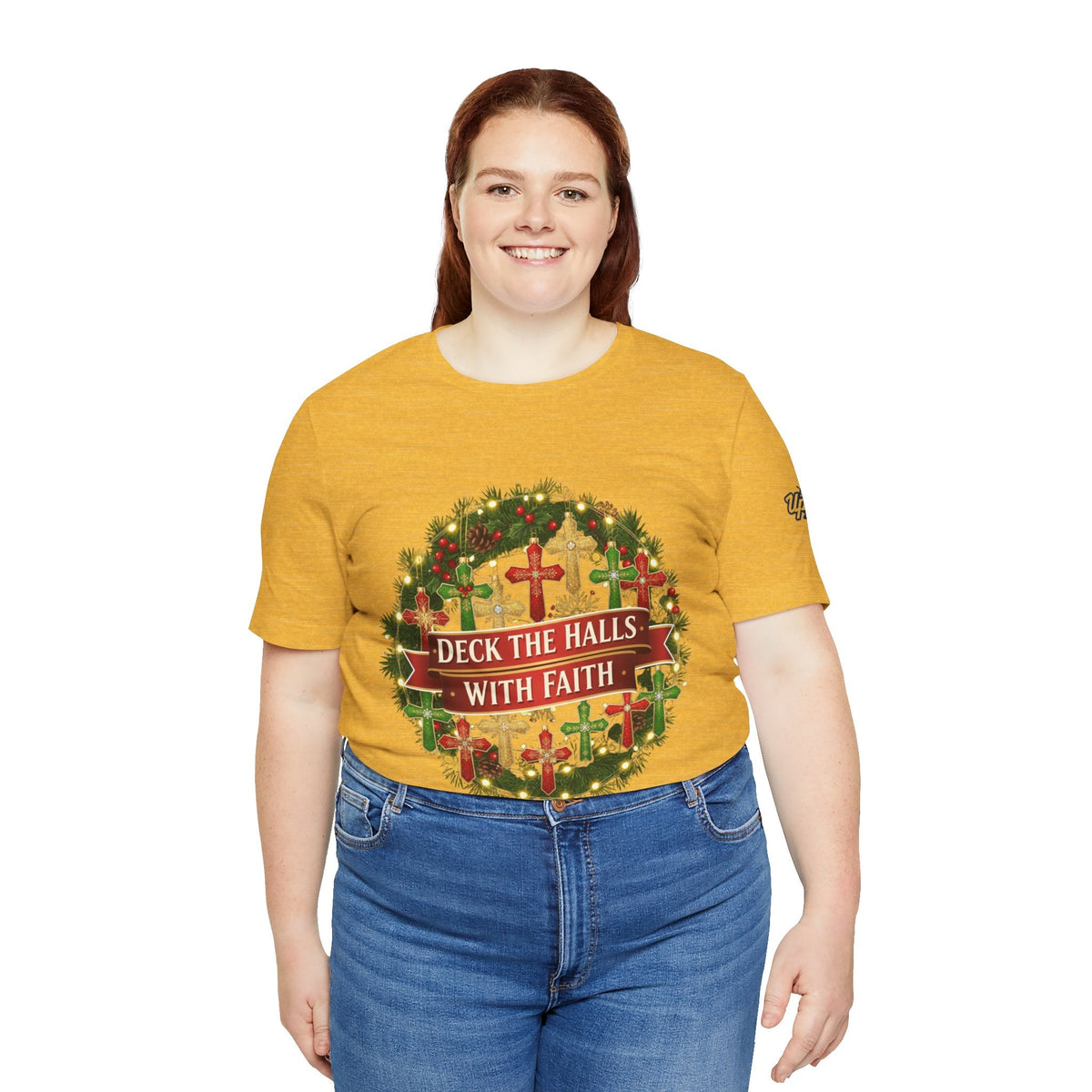 🎄 Deck the Halls with Faith – Christian Christmas T-Shirt | Cross Ornament Design & Festive Garland | Bold Holiday Faith Tee by Uplifted Gear Printify