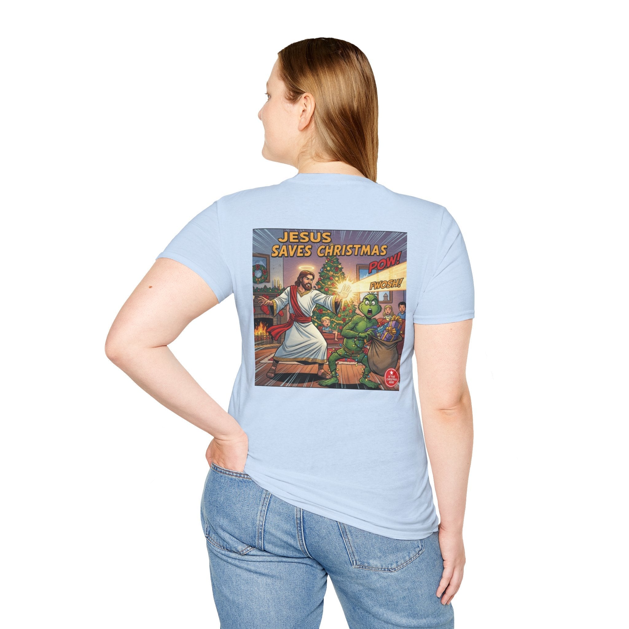 Jesus Saves Christmas T-shirt – Grinch vs Savior Light Battle Christian T-shirt for Hilarious Holiday Faith & True Joy Printify
