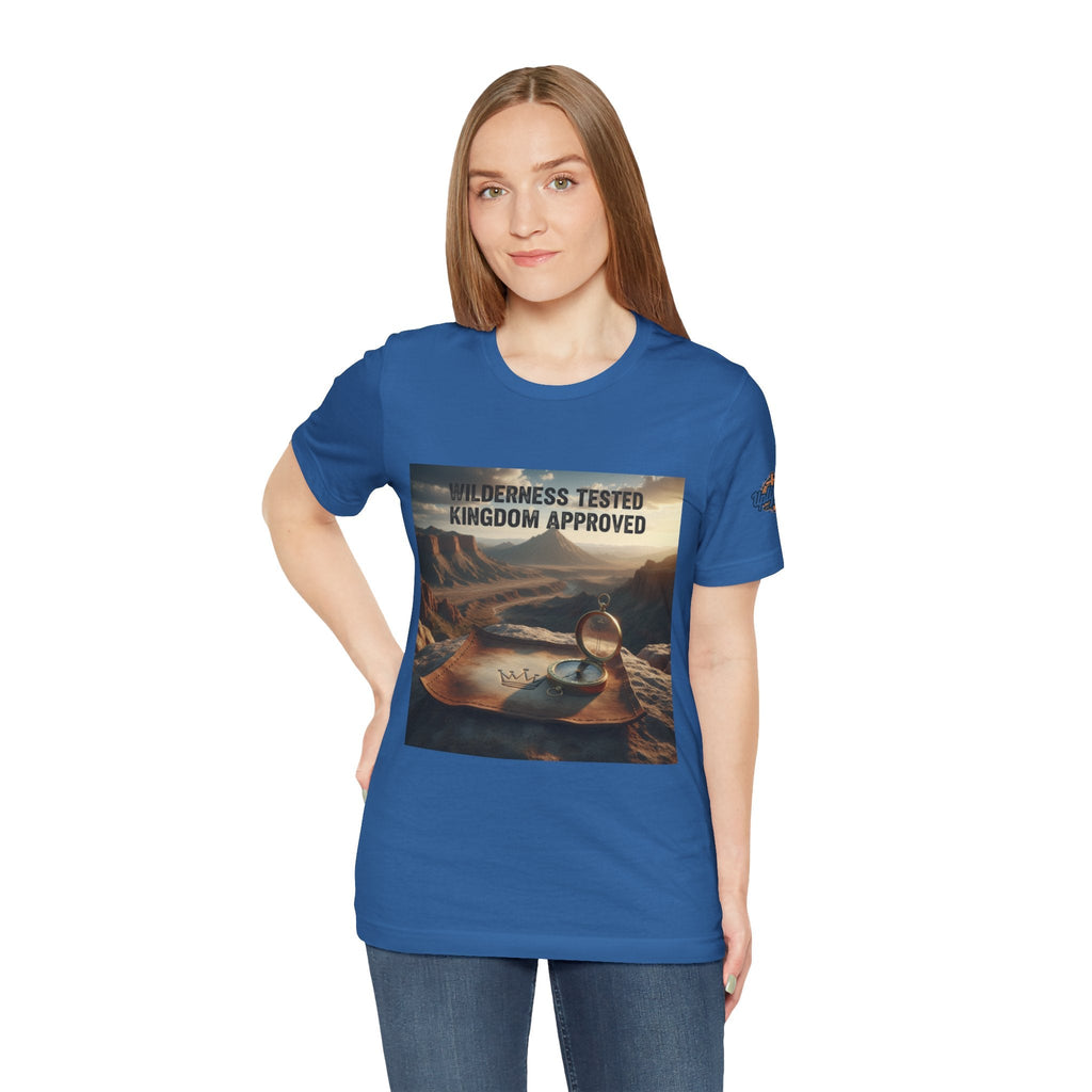 Wilderness Tested Kingdom Approved T-shirt – Mountain Desert Compass Crown Christian T-shirt for Biblical Adventure Faith Printify