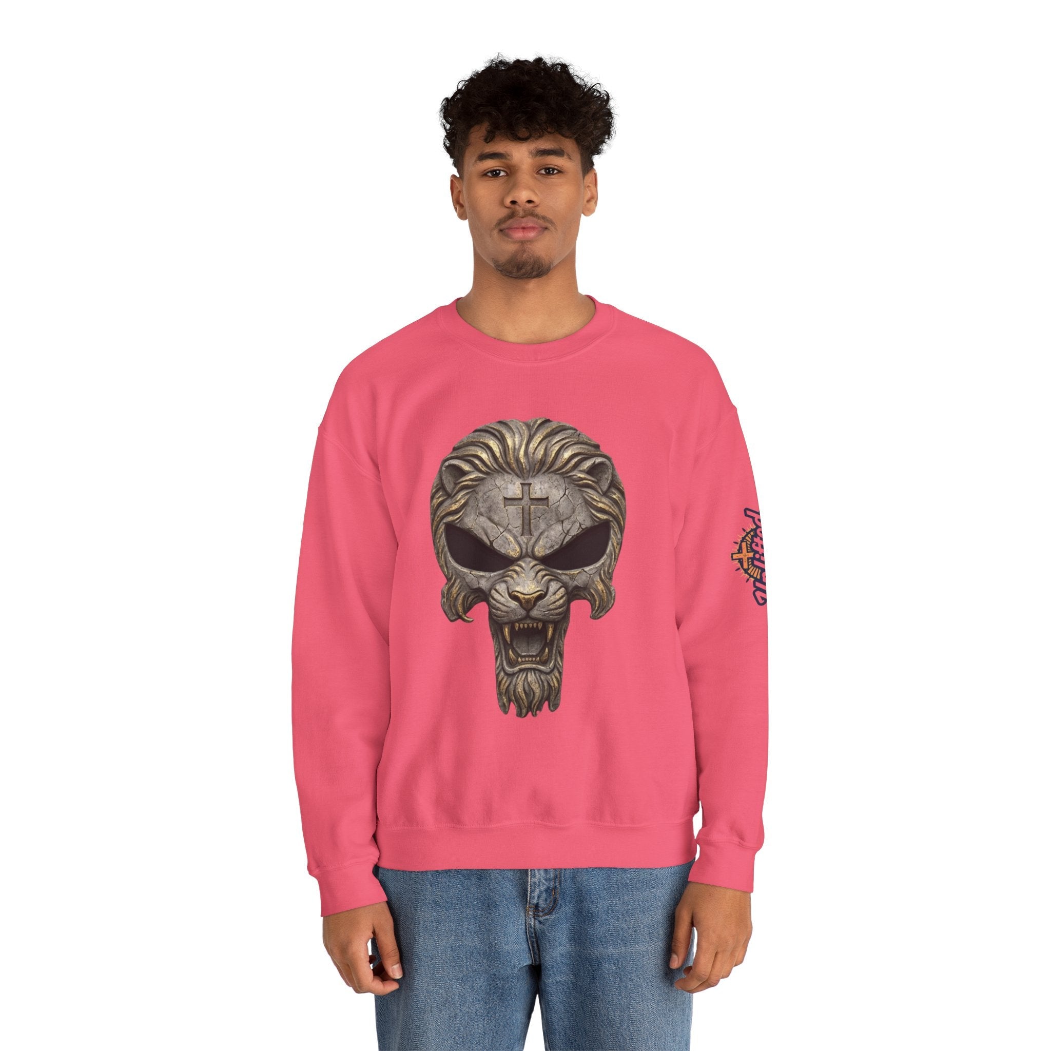 Lion of Judah Skull Christian Sweatshirt - Warrior Faith Cross Sweatshirt Printify