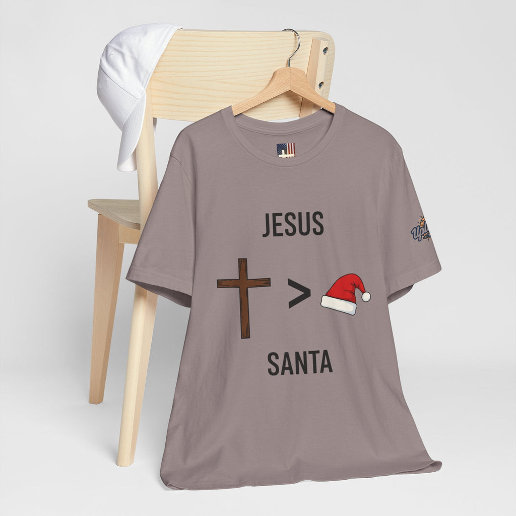 🎄 Jesus > Santa – Minimalist Christian Christmas T-Shirt | Bold Faith Over Holiday Tee | Cross vs Santa Hat Design | Uplifted Gear Printify