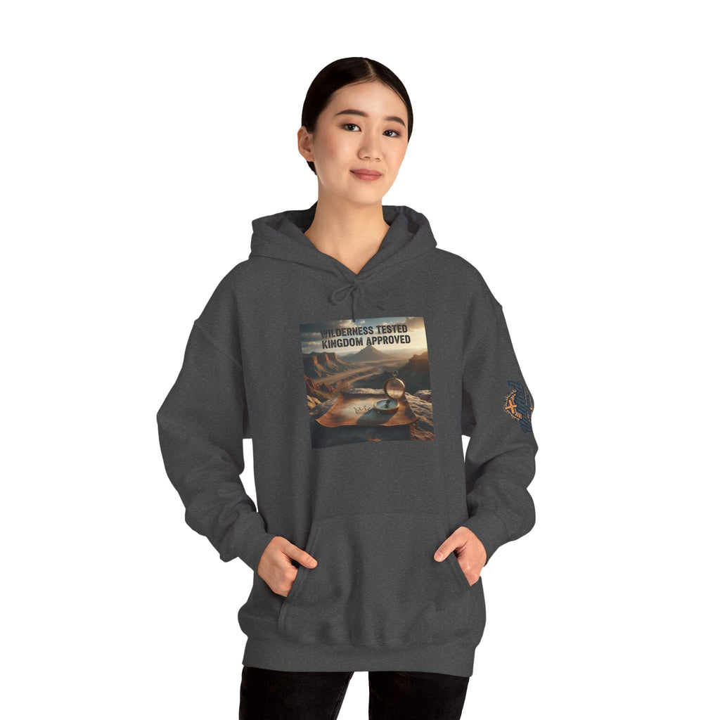 Wilderness Tested Kingdom Approved Hoodie – Mountain Desert Compass Crown Christian Sweatshirt for Biblical Adventure Faith Printify