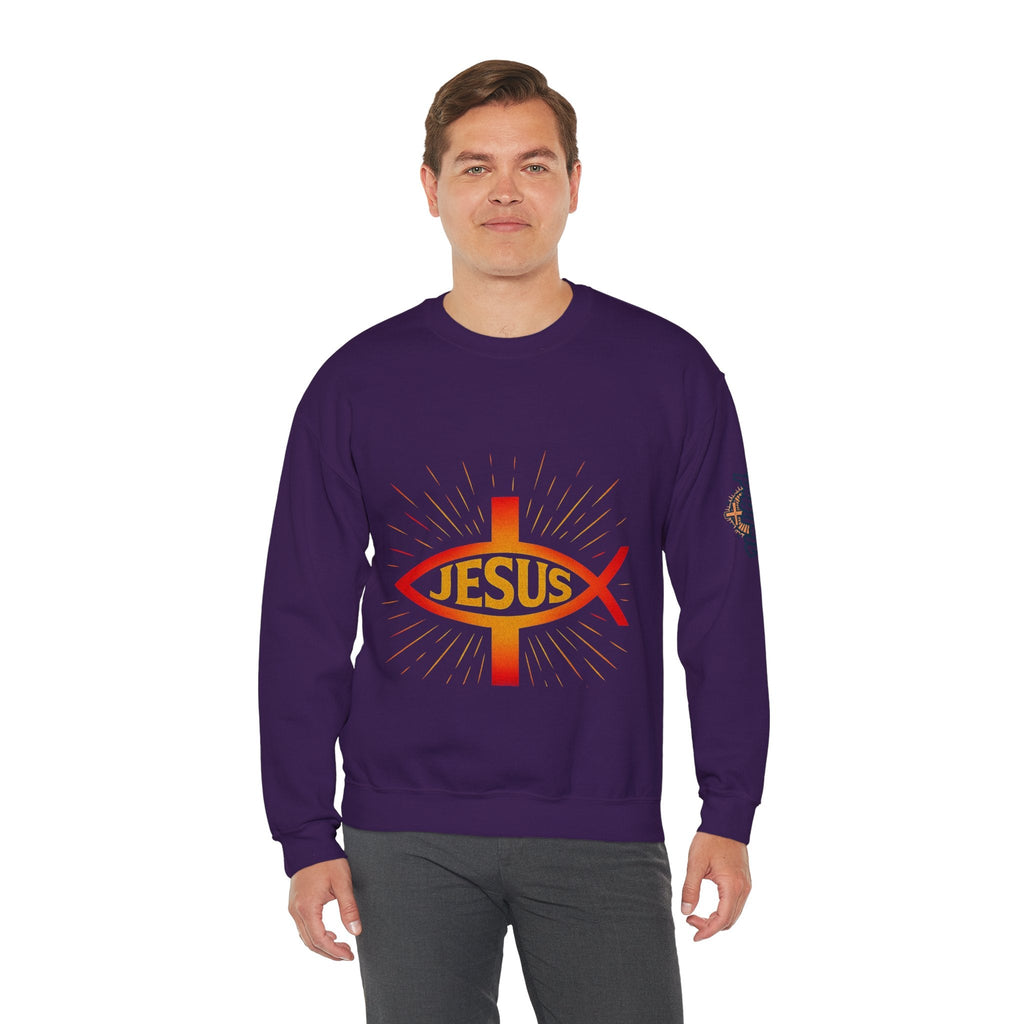 Jesus Ichthys Sweatshirt – Christian Fish Symbol with Cross & Jesus Inscription Sweatshirt for Eternal Faith & Streetwear Printify